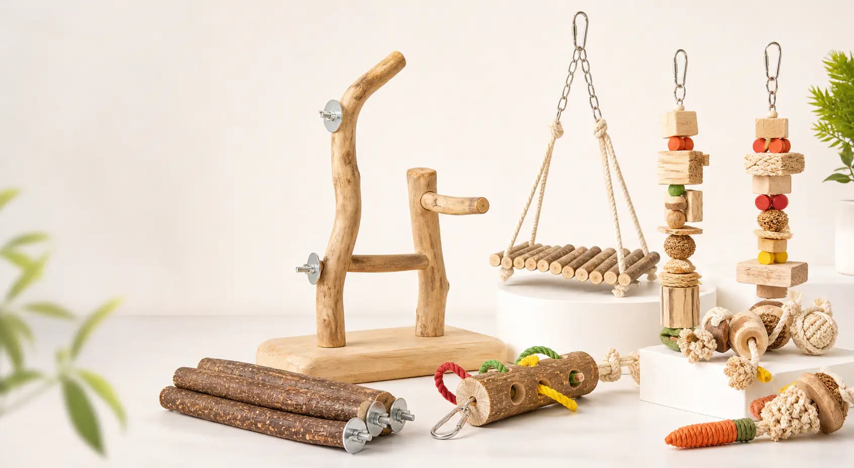 Natural wood parrot swings, perches, and chew toys